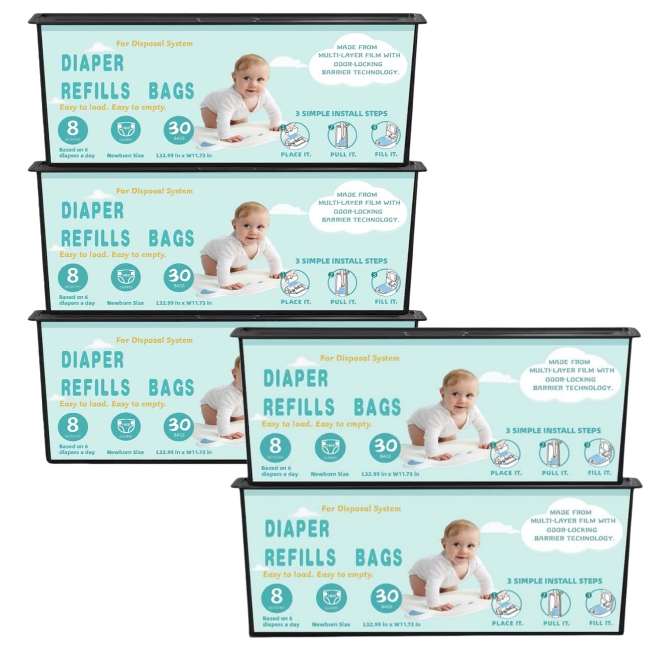 Diaper Pail Refills Bags with 30 Bags Compatible with Genie Easy Roll Signature and Platinum Diaper Pails, 7-Layer Odor-Barrier Technology-6 Packs