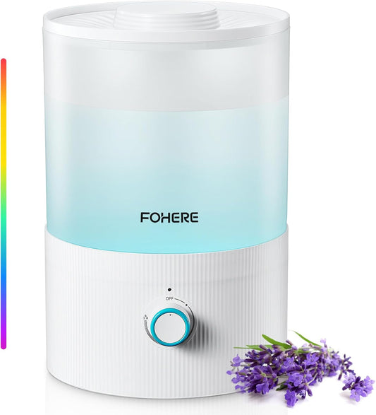 FOHERE Humidifier for Bedroom Baby, 3.2L Top Fill Cool Mist Humidifiers for Nursery, Home, 28H Ultra Quiet Runtime, Auto Shut-Off, Soft 7-Color Night Light, BPA-Free, Essential Oil Tray, White