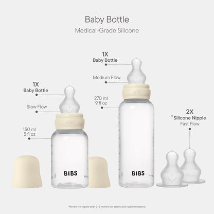 BIBS Baby Bottle 5 oz / 150 ml Silicone Nipple 2 Pack - Anti-Colic, BPA-Free, Round Nipple, Slow Flow, Lightweight & Easy to Clean, Suitable for Newborns 0+ Years - Ivory
