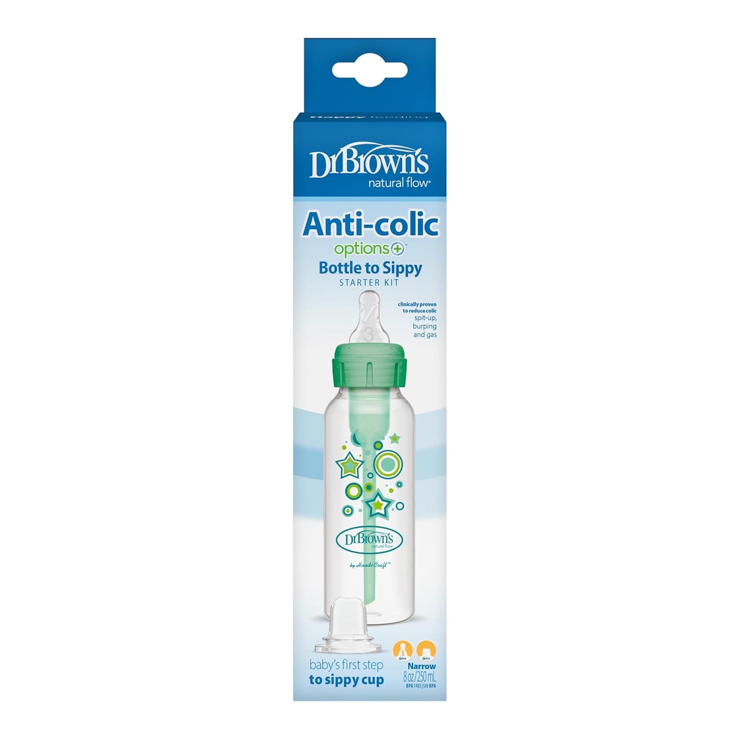 Dr. Brown's Anti-Colic Options+ Narrow Sippy Bottle Starter Kit, 8oz/250mL, with Level 3 Medium-Fast Flow Nipple and Soft 100% Silicone Sippy Spout, Blue, BPA Free, 6m+