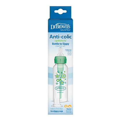 Dr. Brown's Anti-Colic Options+ Narrow Sippy Bottle Starter Kit, 8oz/250mL, with Level 3 Medium-Fast Flow Nipple and Soft 100% Silicone Sippy Spout, Blue, BPA Free, 6m+