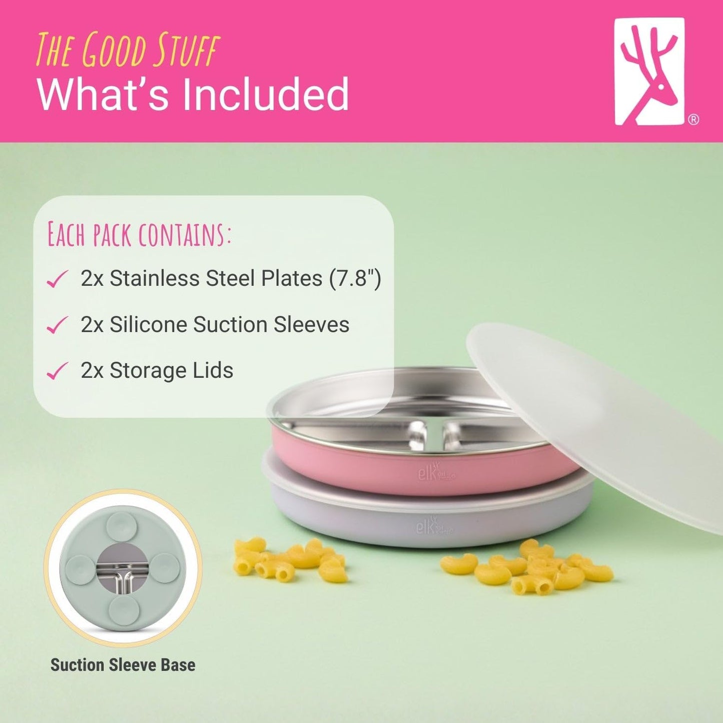 Elk and Friends Stainless Steel Divided Plates with Silicone Sleeve for Babies & Toddlers | Lids Included | Stay Put Suction | Dinner & Snack Plates | 4 Pack