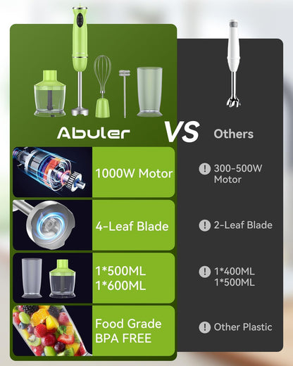 Immersion Blender Handheld 5 in 1 Hand Blender, 1000W Hand Mixer Stick, BPA-Free 12 Speed Handheld Blender 304 Stainless, Beaker, Chopper, Whisk and Milk Frother, Soup, Smoothies, Baby Food, Sauce