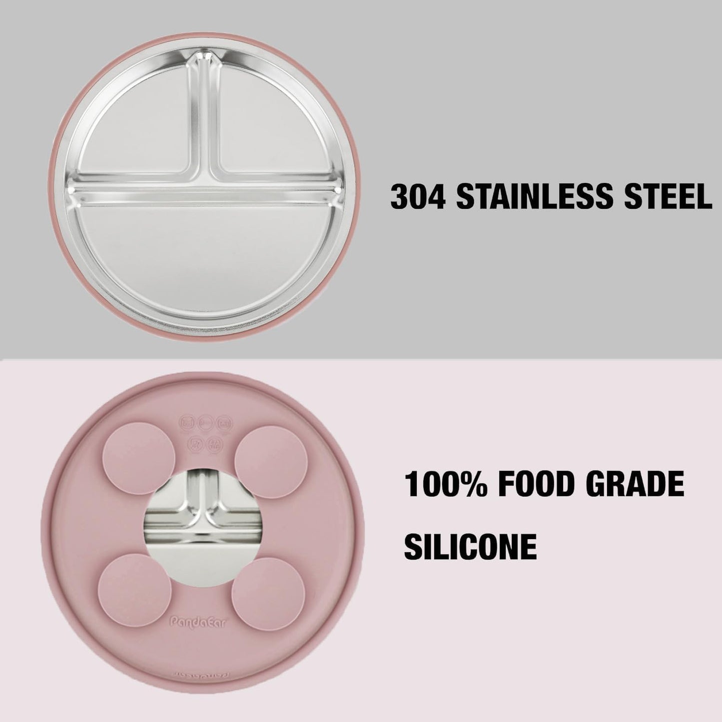 PandaEar 2 Pack Stainless Steel Baby Suction Plates & 2 Pack Spoons and Forks Set, Toddler Utensils Baby Feeding Set, Divided Plates for Baby Led Weaning Supplies, BPA-Free (Tan/Walnut)