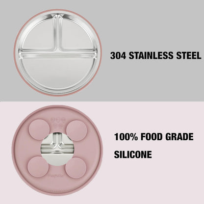 PandaEar 2 Pack Stainless Steel Baby Suction Plates & 2 Pack Spoons and Forks Set, Toddler Utensils Baby Feeding Set, Divided Plates for Baby Led Weaning Supplies, BPA-Free (Tan/Walnut)