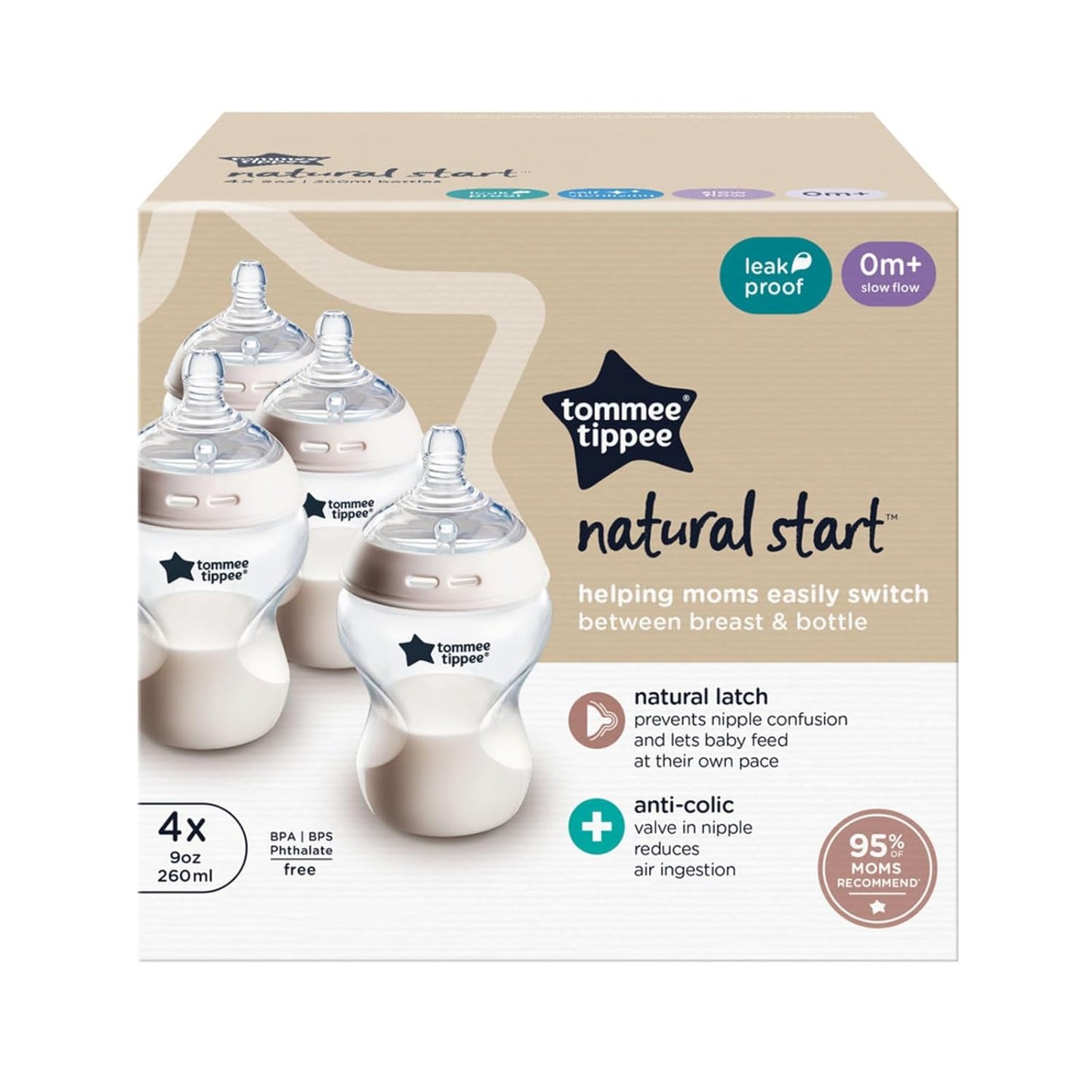 Tommee Tippee Natural Start Anti-Colic 9 oz BPA Free Baby Bottles, 0+ Months, Slow Flow Breast-Like Nipple, Self Sterilizing, Designed for Seamless Transition Between Bottle & Breast, Clear, Pack of 2