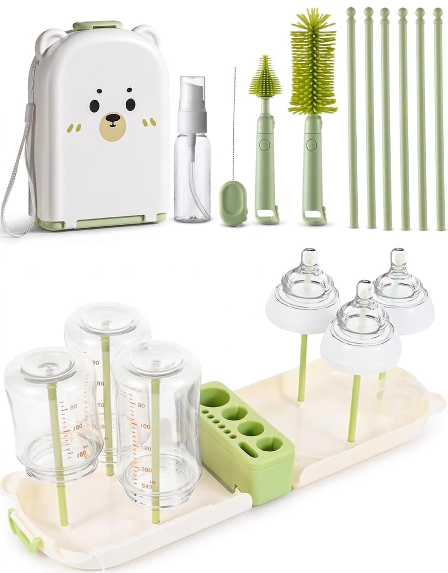 Travel Bottle Cleaner kit, 7in1 Baby Travel Gear Essential Silicone Travel Bottle Brush Set Nipple Drying Rack, Straw Breast Pump Cleaning Soap Dispenser Organizer Case Mon Gift (Pink)