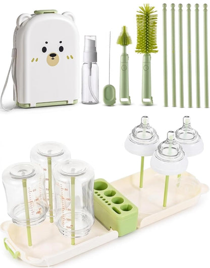 Travel Bottle Cleaner kit, 7in1 Baby Travel Gear Essential Silicone Travel Bottle Brush Set Nipple Drying Rack, Straw Breast Pump Cleaning Soap Dispenser Organizer Case Mon Gift (Pink)