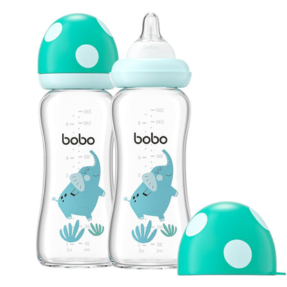 YOHKOH Natural Glass Baby Bottle with Level 1 Slow Flow Nipple, Newborn Anti-Colic Baby Bottles, Wide Neck Mushroom Baby Glass Bottle (Multicolour-A, 3.4oz (Pack of 4))