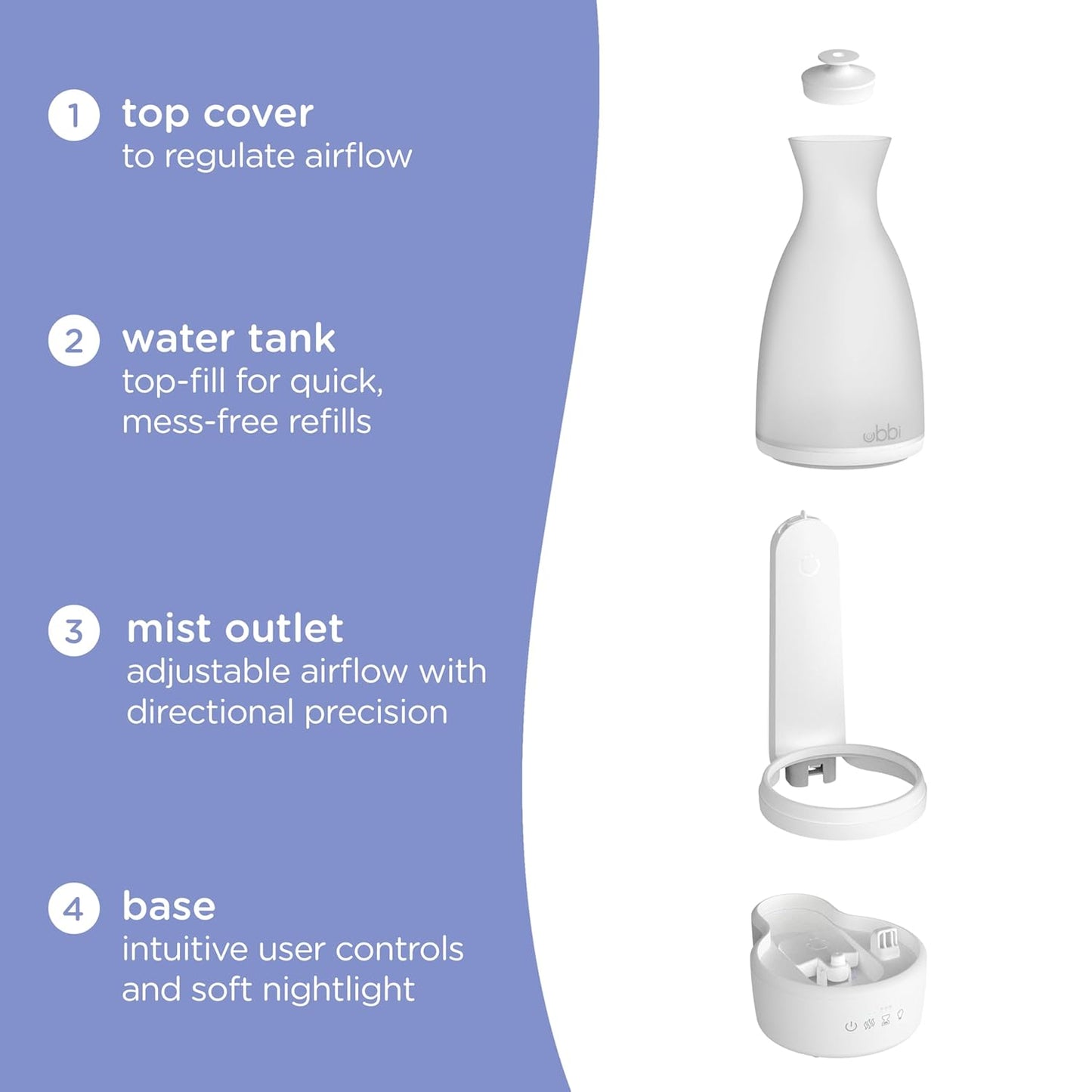 Ubbi Ultrasonic Humidifier, Easy Top-Fill Design, Adjustable Mist Control, Soft Night Light Glow and Quiet Operation for Nursery and Bedroom