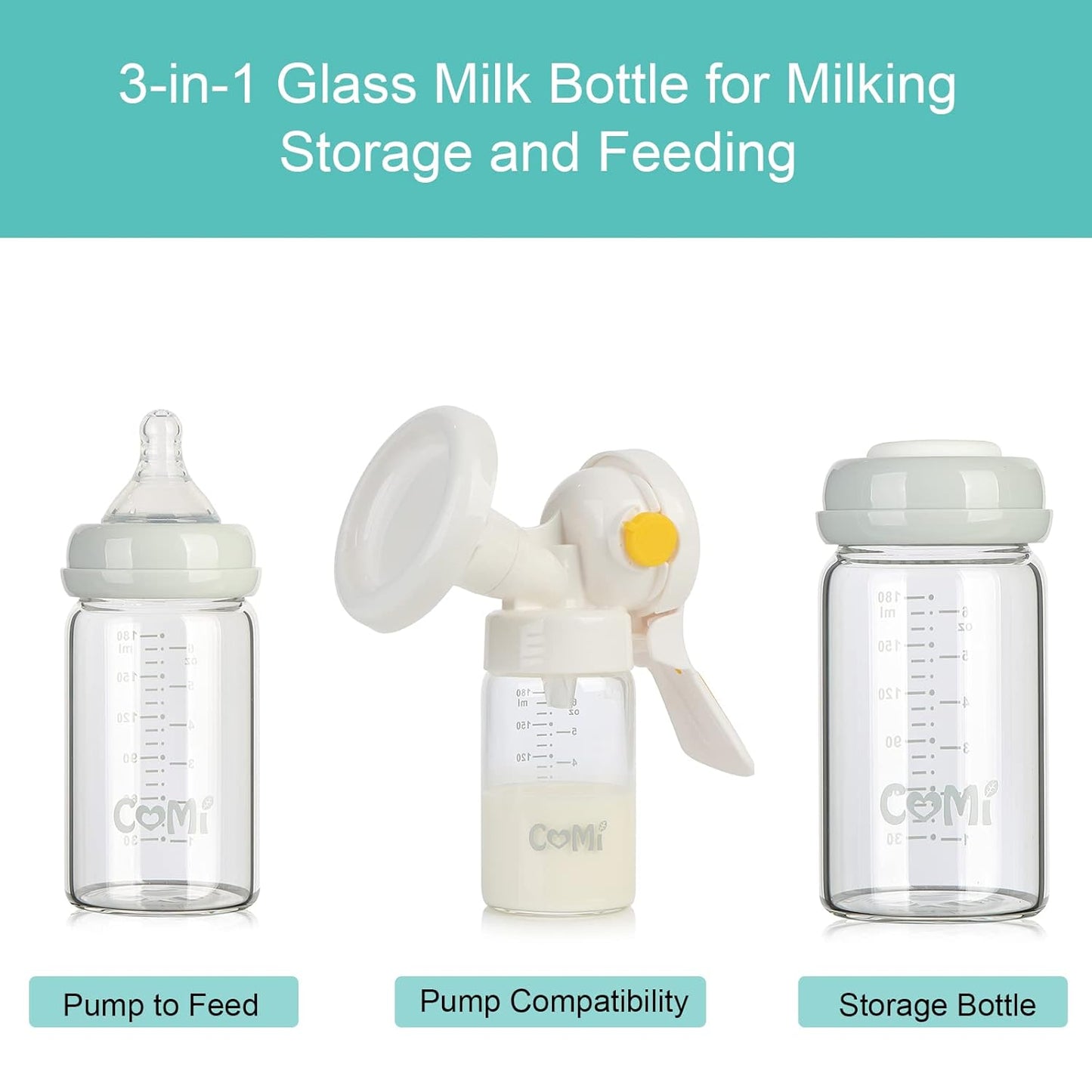 COMI Wide Neck Glass Breastmilk Collection n Storage Bottle, 4 Packs,10oz with Screw Ring Sealing Disk,Re-markable Sealing Disc,BPA Free,Fits Breast Pumps&Nipples(4 Green Lids)
