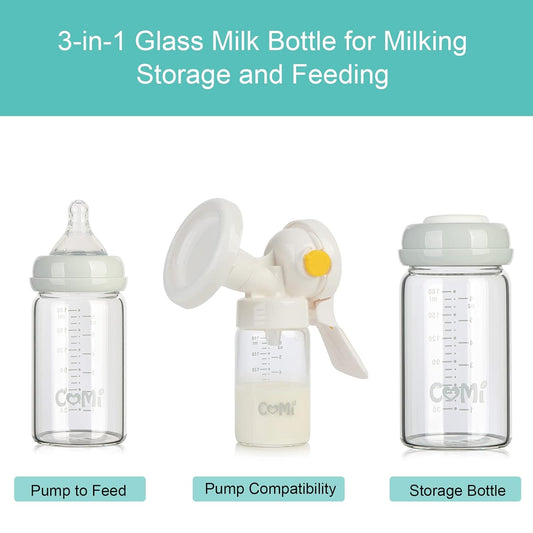 COMI Wide Neck Glass Breastmilk Collection n Storage Bottle, 4 Packs,10oz with Screw Ring Sealing Disk,Re-markable Sealing Disc,BPA Free,Fits Breast Pumps&Nipples(4 Green Lids)