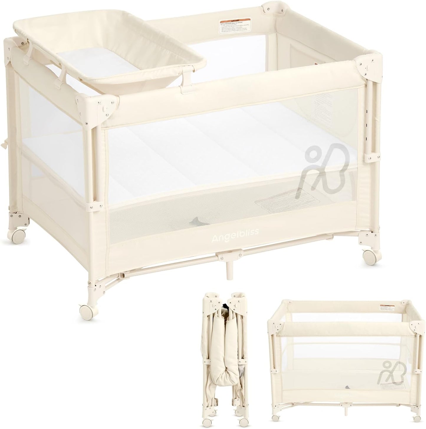 ANGELBLISS Baby Bassinet Bedside Crib, Pack and Play with Mattress, Diaper Changer, One-Push Setup Playards from Infants to Toddlers (Balck)