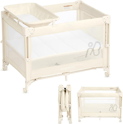 ANGELBLISS Baby Bassinet Bedside Crib, Pack and Play with Mattress, Diaper Changer, One-Push Setup Playards from Infants to Toddlers (Balck)