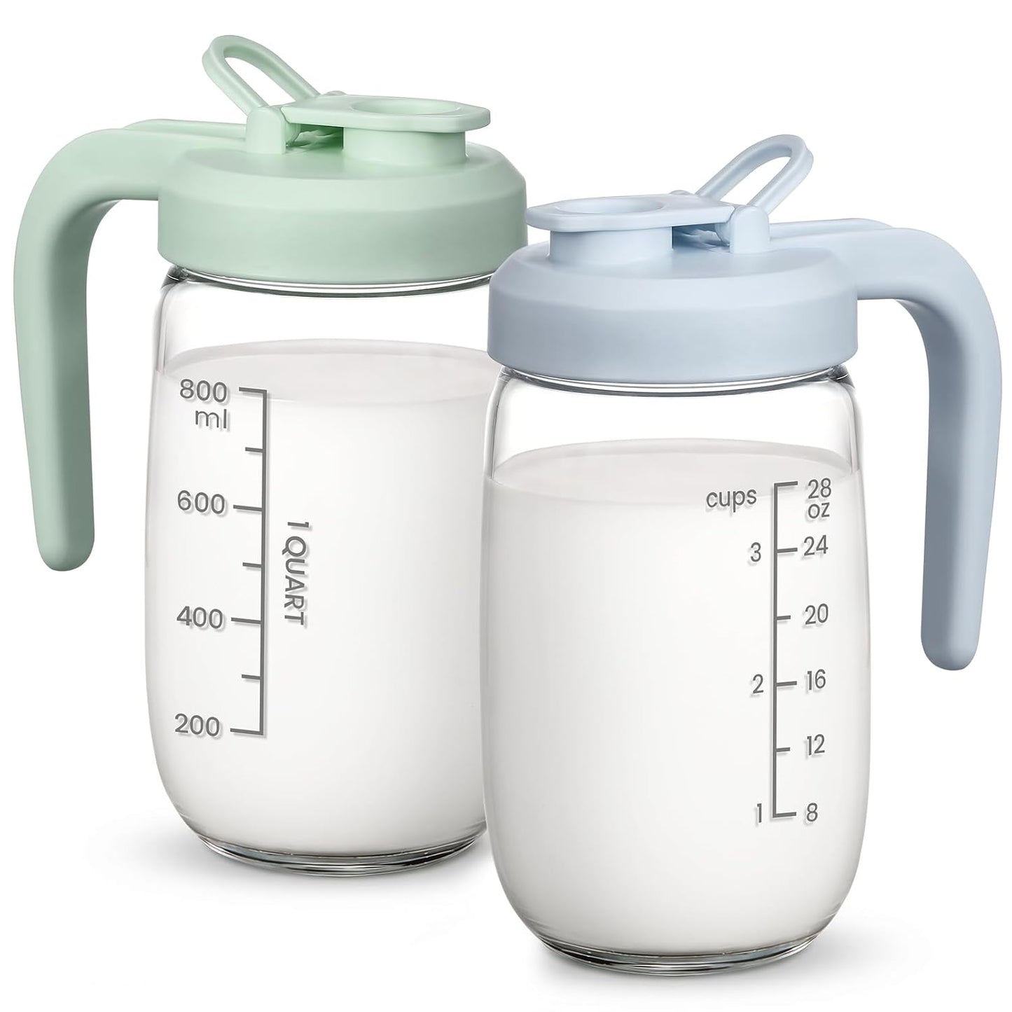 Breast Milk Pitcher 32 OZ, Heat & Cold Resistant, Sudden Temperature Safe, Fast Baby Formula Maker with Wide Mouth, No Leak Borosilicate Glass Fridge Storage Container for Juice, Cold Brew-Blue