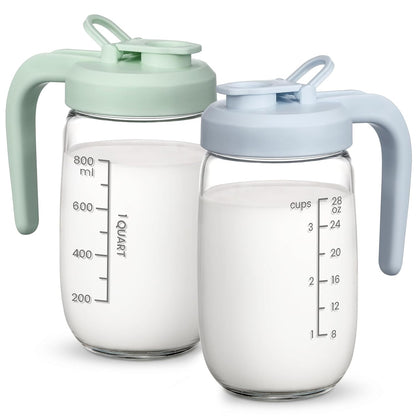 Breast Milk Pitcher 32 OZ, Heat & Cold Resistant, Sudden Temperature Safe, Fast Baby Formula Maker with Wide Mouth, No Leak Borosilicate Glass Fridge Storage Container for Juice, Cold Brew-Blue
