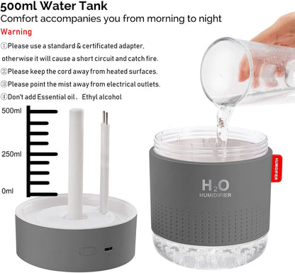 Portable Mini Humidifier, 500ml Small Cool Mist Humidifier, USB Personal Desktop Humidifiers for Baby Bedroom Travel Office Home, Auto Shut-Off, 2 Mist Modes, Super Quiet, White