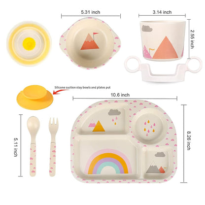 shopwithgreen 7Pcs/Set Bamboo Kids Dinnerware Set - Children Dishes - Food Plate Bowl Cup Spoon Fork Set Dishware, Cartoon Tableware, Dishwasher Safe Kids Healthy Mealtime, BPA Free
