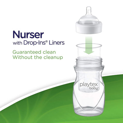 Playtex Baby Anti-Colic Nurser Bottles with Pre-Sterilized Disposable Drop-Ins Liners, 4 Oz Bottles (3 Count), Includes Slow Flow Nipples for Newborn and Breastfeeding Babies, Feeding Essentials