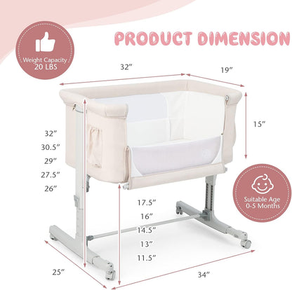 BABY JOY Bassinet Bedside Sleeper, 3 in 1 Folding Crib w/Adjustable Height, Mattress, Lockable Wheels, Storage Pocket & Carry Bag for Infant Newborn, Stationary & Rock, Portable Baby Bassinet (Grey)