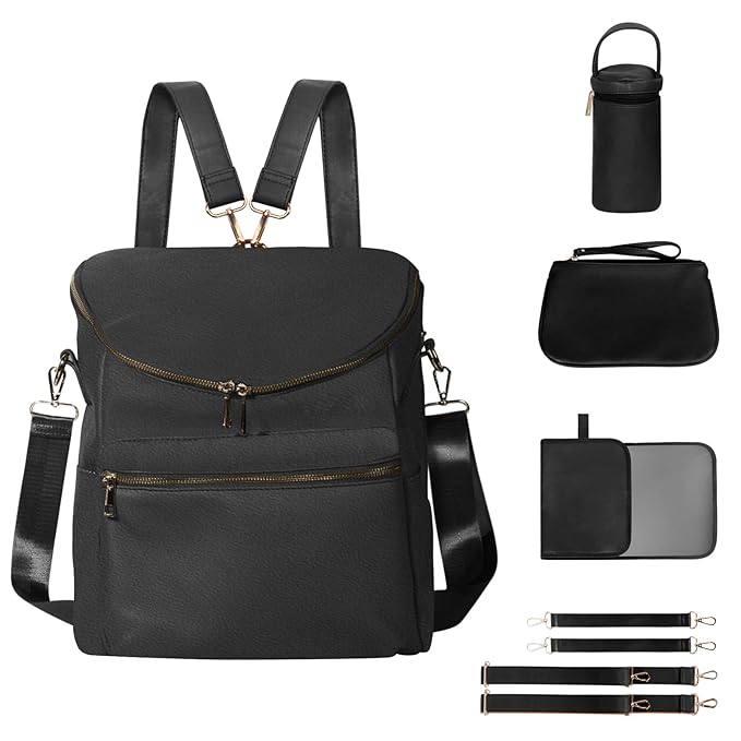 Minsong Diaper Bag Backpack,Fashion Leather Mommy Backpacks,Travel Toddler Baby Diaper Bags with in Bag Organizer and Changing Pad (Black)