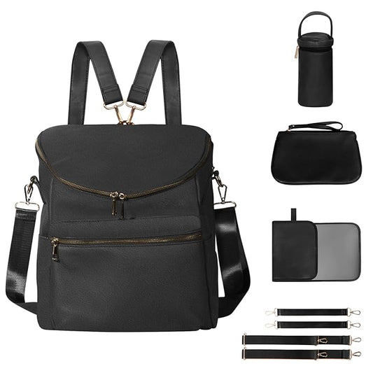 Minsong Diaper Bag Backpack,Fashion Leather Mommy Backpacks,Travel Toddler Baby Diaper Bags with in Bag Organizer and Changing Pad (Black)
