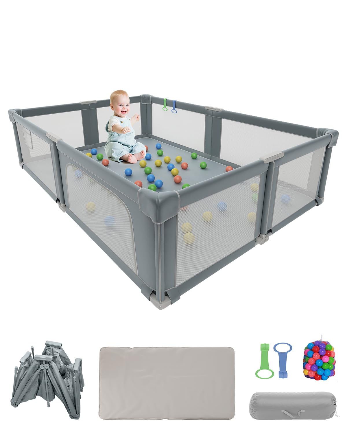 Foldable Playpen for Babies and Toddlers, 51" Portable Play Pen with Mat and Ocean Balls, Play Yard with with Visible Mesh for Inddor and Outdoor, No Assembly Required, Dark Gray