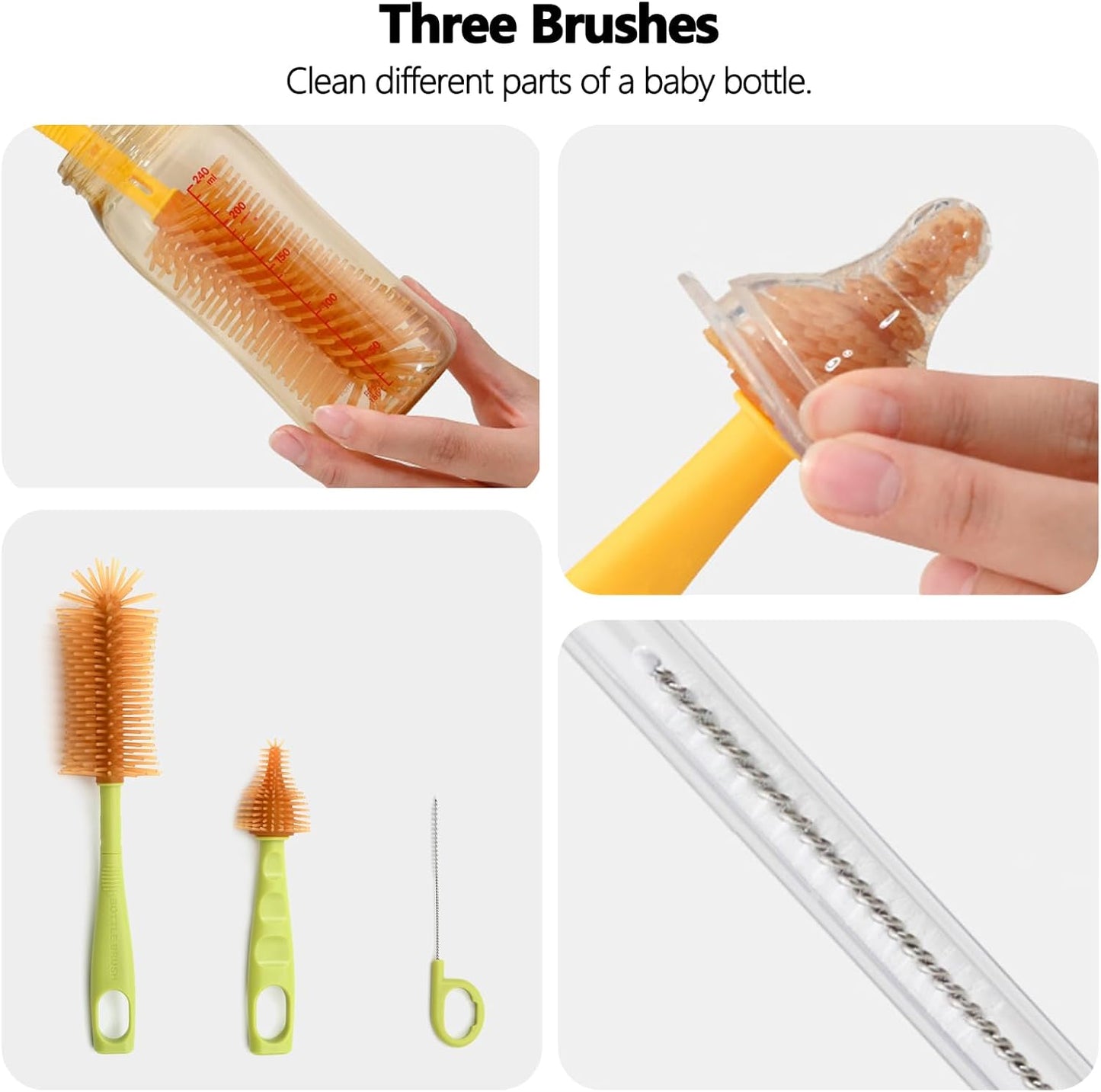 Portable Baby Bottle Brush Kit Premium Silicone Bottle Cleaner Brush, Nipple Brush, Straw Brush, Soap Dispenser, Bottle Drying Rack, and a Storage Organizer Case for Both Home and Travel Uses (White)