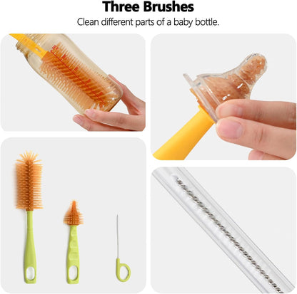 Portable Baby Bottle Brush Kit Premium Silicone Bottle Cleaner Brush, Nipple Brush, Straw Brush, Soap Dispenser, Bottle Drying Rack, and a Storage Organizer Case for Both Home and Travel Uses (White)