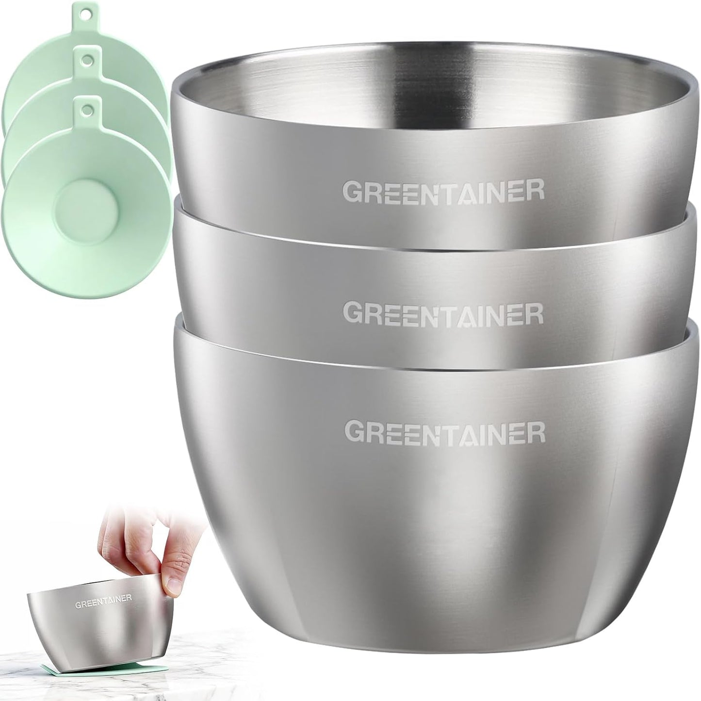 Greentainer Stainless Steel Baby Bowl Set of 3, Double Wall Insulated, Unbreakable Toddler Bowls with Removable Silicone Suction Base, Non-Slip, Dishwasher Safe, BPA-Free for Infants 6+ Months (Green)