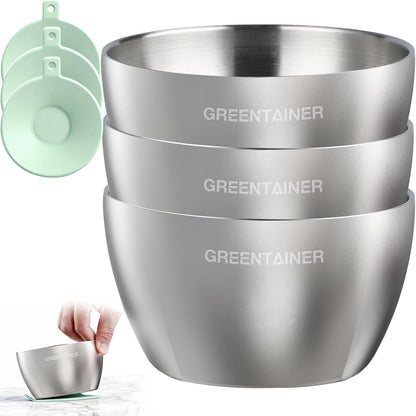 Greentainer Stainless Steel Baby Bowl Set of 3, Double Wall Insulated, Unbreakable Toddler Bowls with Removable Silicone Suction Base, Non-Slip, Dishwasher Safe, BPA-Free for Infants 6+ Months (Green)