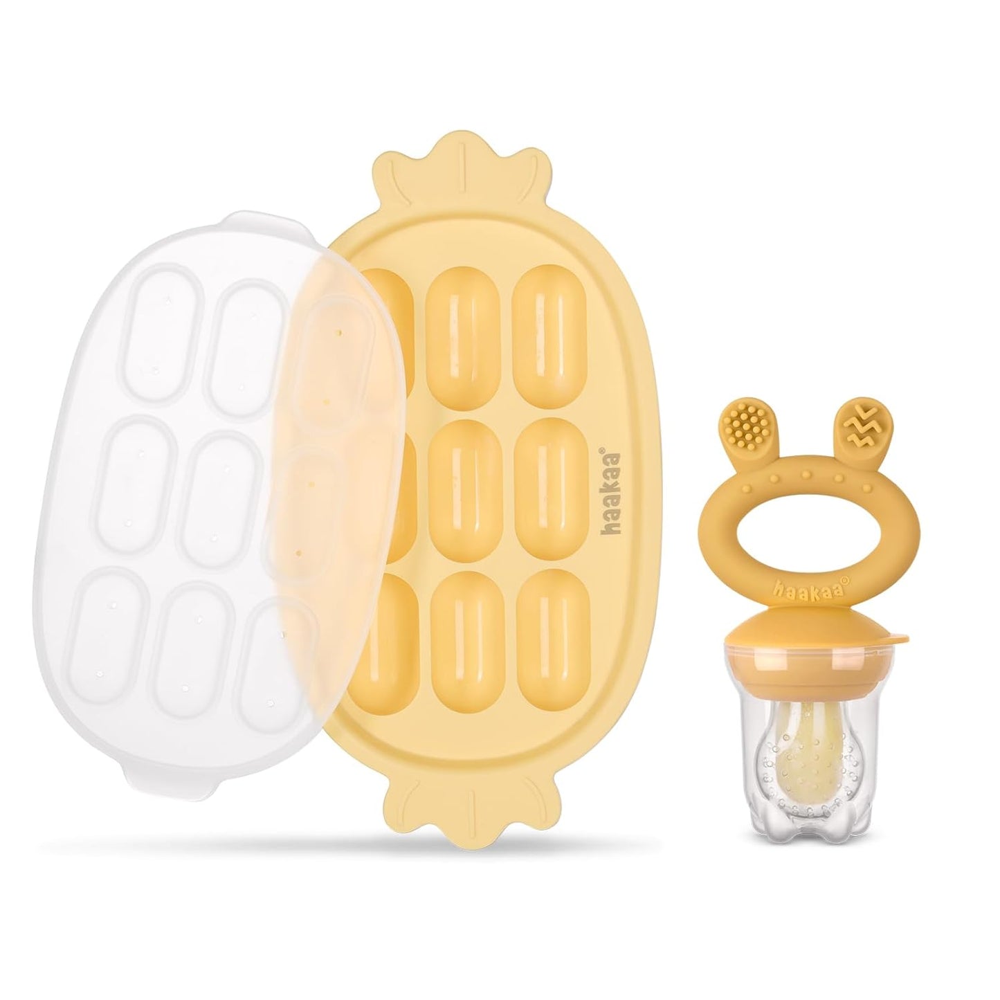 Haakaa Baby Fruit Food Feeder & Silicone Freezer Nibble Tray Combo - Breastmilk Popsicle Mold for Baby Cooling Relief, BPA Free Baby Mesh Food Feeder for Infant Self Feeding