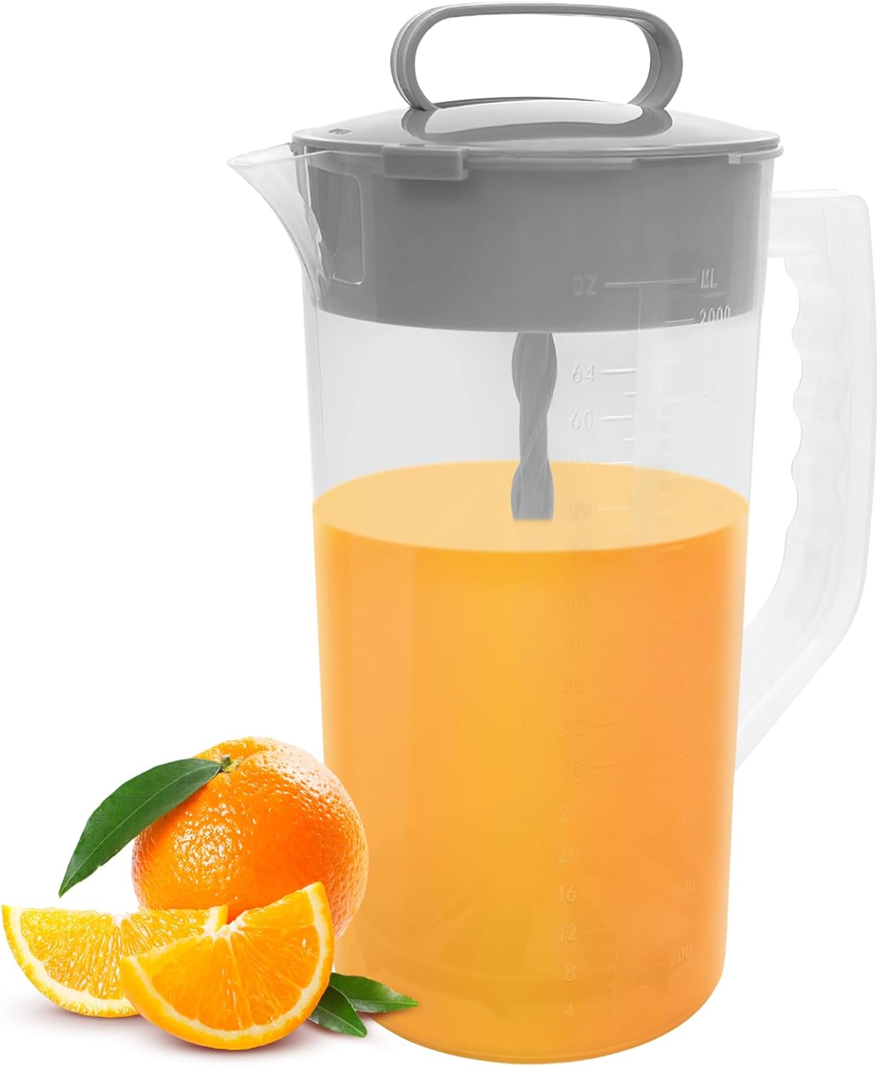1 Pack Mixing Pitcher for Drinks, 2 Quart/ 64oz Plastic Water Pitcher with Lid，Easy-Mix Juice Container，Angled Plastic Blades and Adjustable Mixer Plunger for Mix Juice, Milk,Tea, Beverage Container…