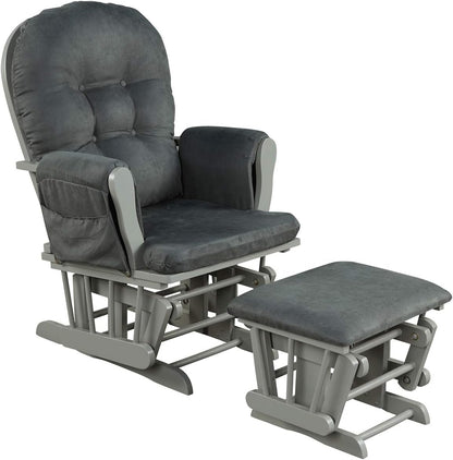 Costzon Nursery Glider with Ottoman, Upholstered Comfort Glider Rocker with Padded Cushion, Storage Pocket, Solid Wood Base, Rocking Chair Nursery for Breastfeeding, Napping (Light Gray)
