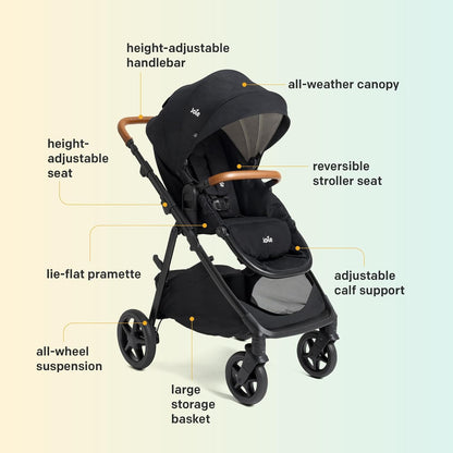 Joie Ginger and Rue Travel System – 4-in-1 Travel System with Lightweight Baby Car Seat and an Included Anti-Rebound Base for Easy Install and Height-Adjustable Stroller (Shale Dark)