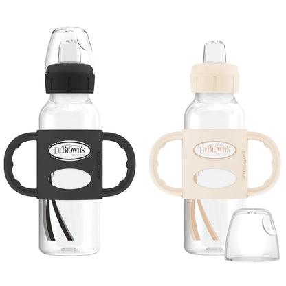 Dr. Brown's Milestones Narrow Sippy Spout Bottle with 100% Silicone, Easy-Grip Handles and Soft Sippy Spout, 8oz/250mL, Light Pink and Ecru, 2-Pack, 6m+
