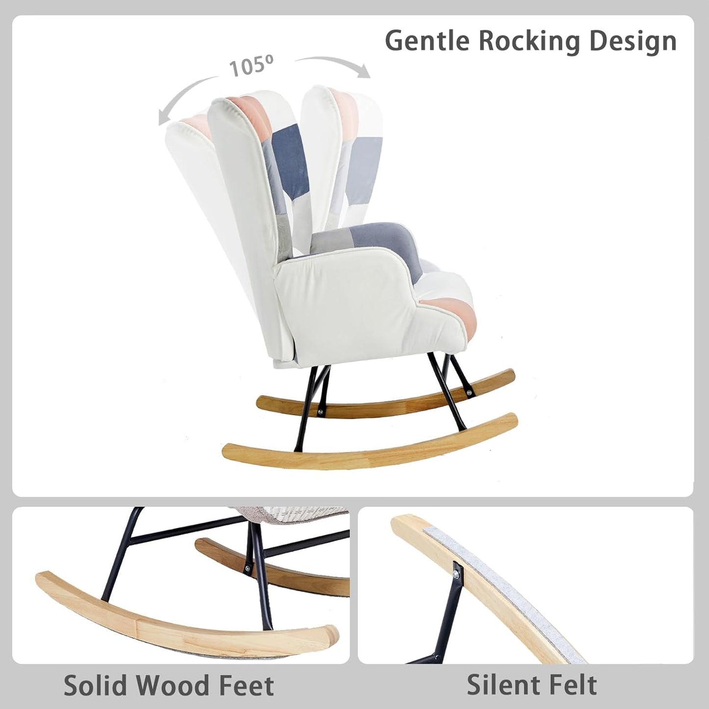 Nursery Rocking Chair, Baby Toddler Glider Rocker with Ottoman, Comfy Accent Chair, for Bedroom Living Room Small Spaces, Patchwork Linen, Colorful