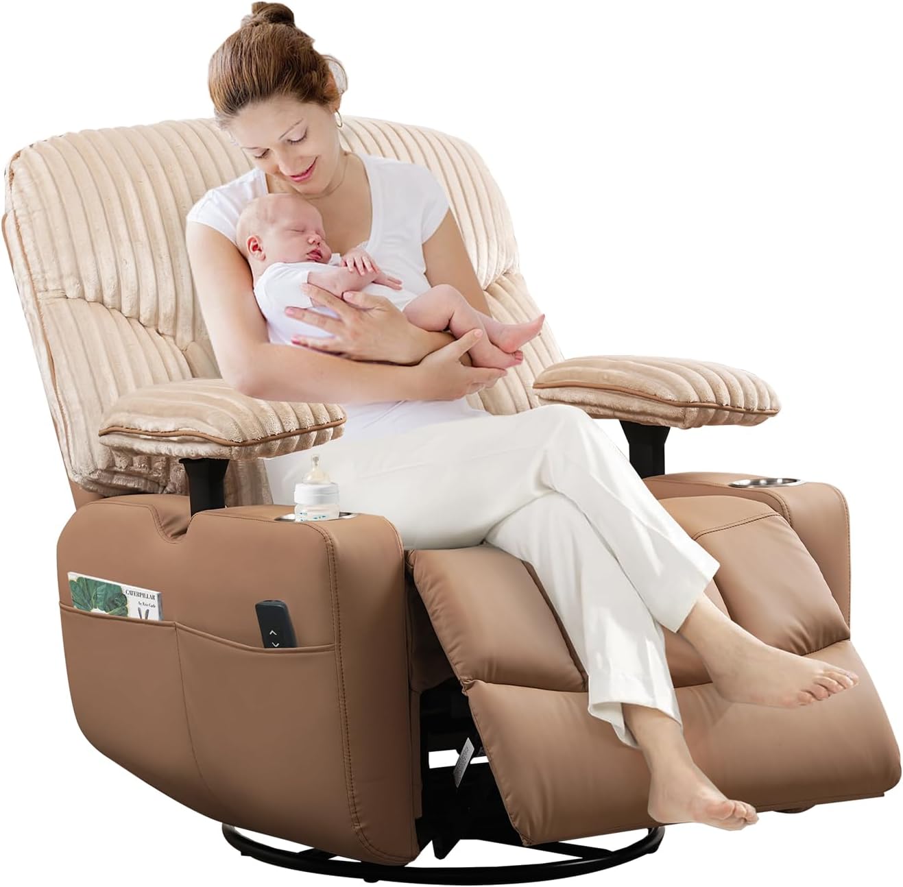 GRAINELL Oversize Power Swivel Recliner, 40in Wide Electric Glider Rocking Chair with Headrest Adjustment, USB Port, 270° Swivel, Rock 30° – for Living Room, Nursery, Black (5" 7' to 6" 1' Height)