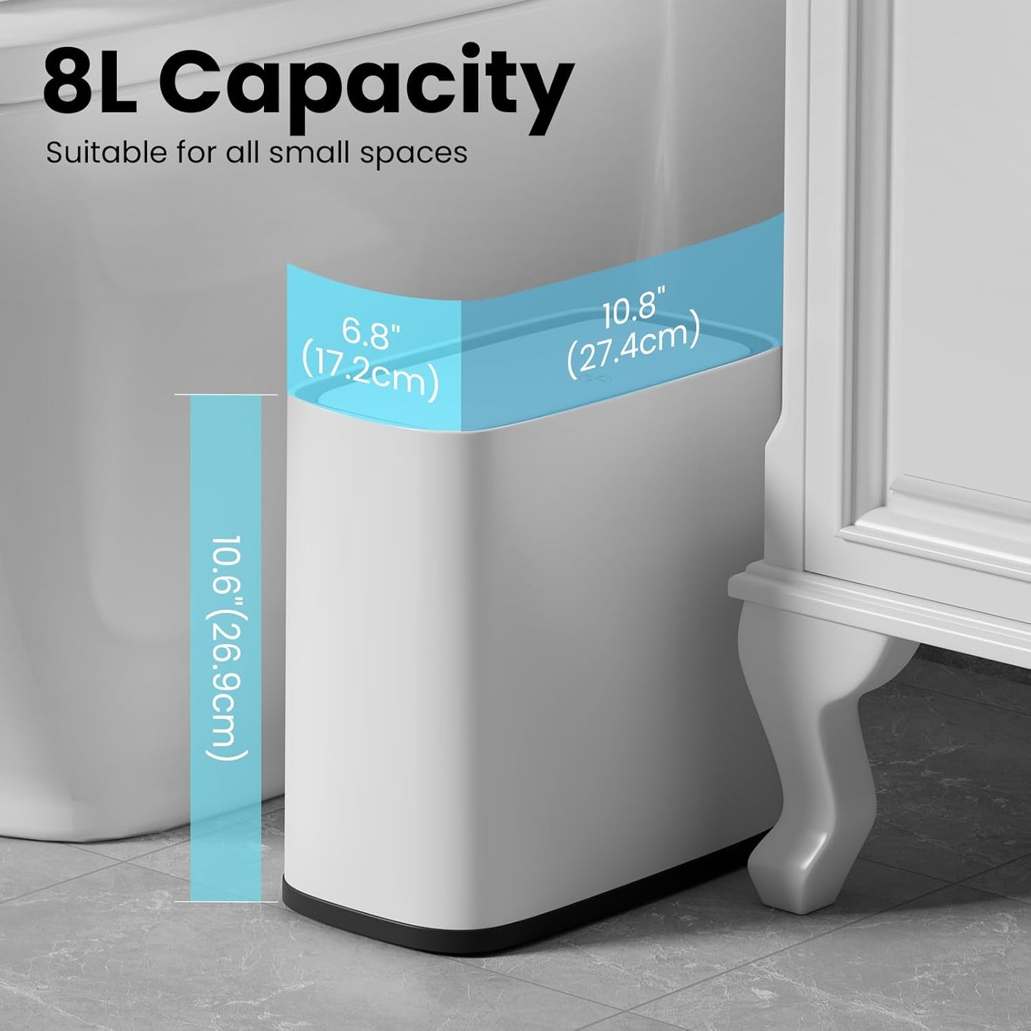 Small Bathroom Trash Can with Lid, 8L / 2.1 Gallon Narrow Garbage Bin with Wheels, Air-Press Bag Expander & Inner Bucket, Press Top Wastebasket for Bedroom, Office, Toilet, Odor Sealing Diaper Pail
