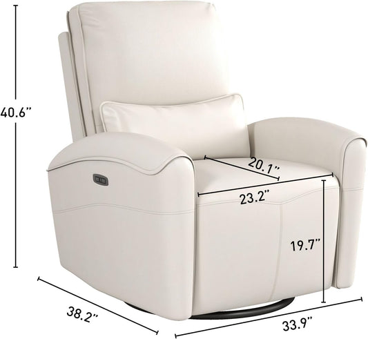 Bonzy Home Power Swivel Rocker Recliner Chair with USB Port, 23.2" Wide Seat, Fixed Lumbar Support, Upholstered Glider Chair for Nursery Living Room, Brown