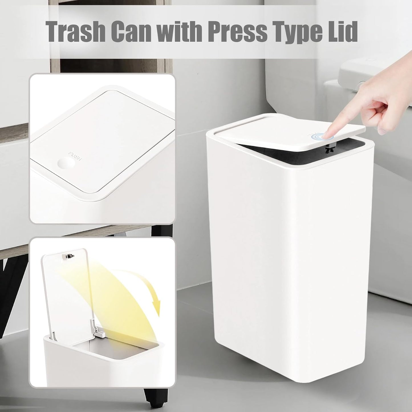TIPGO Bathroom Trash Can with Lid, 10 Liter/ 2.6 Gallon Slim Garbage Can, Small Trash Bin Waste Basket with Pop-Up Lid for Kitchen, Bedroom, Living Room, Office (Black)