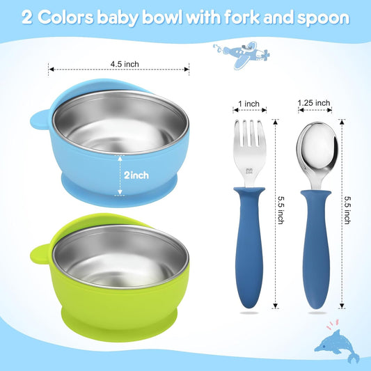 2 Pack Stainless Steel Baby Bowls with Removable Non-Slip Silicone Suction Shell, Anti Scald Food Container for Baby Food Feeding, Forks + Spoons Included-Blue & Pink