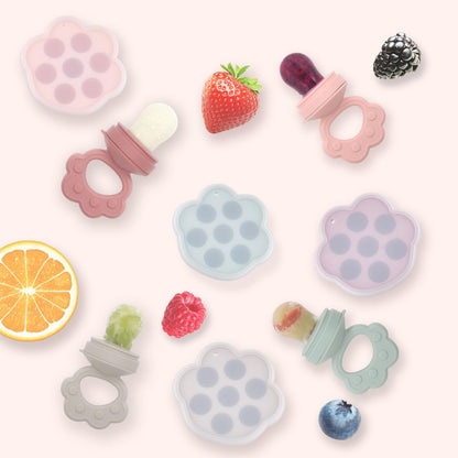 Ginbear Baby Fruit Food Feeder & Popsicle Molds Combo (Set of 2), Silicone Teething Feeders with Freezer Tray for Infants 4 Months+ (Pink/Lilac)