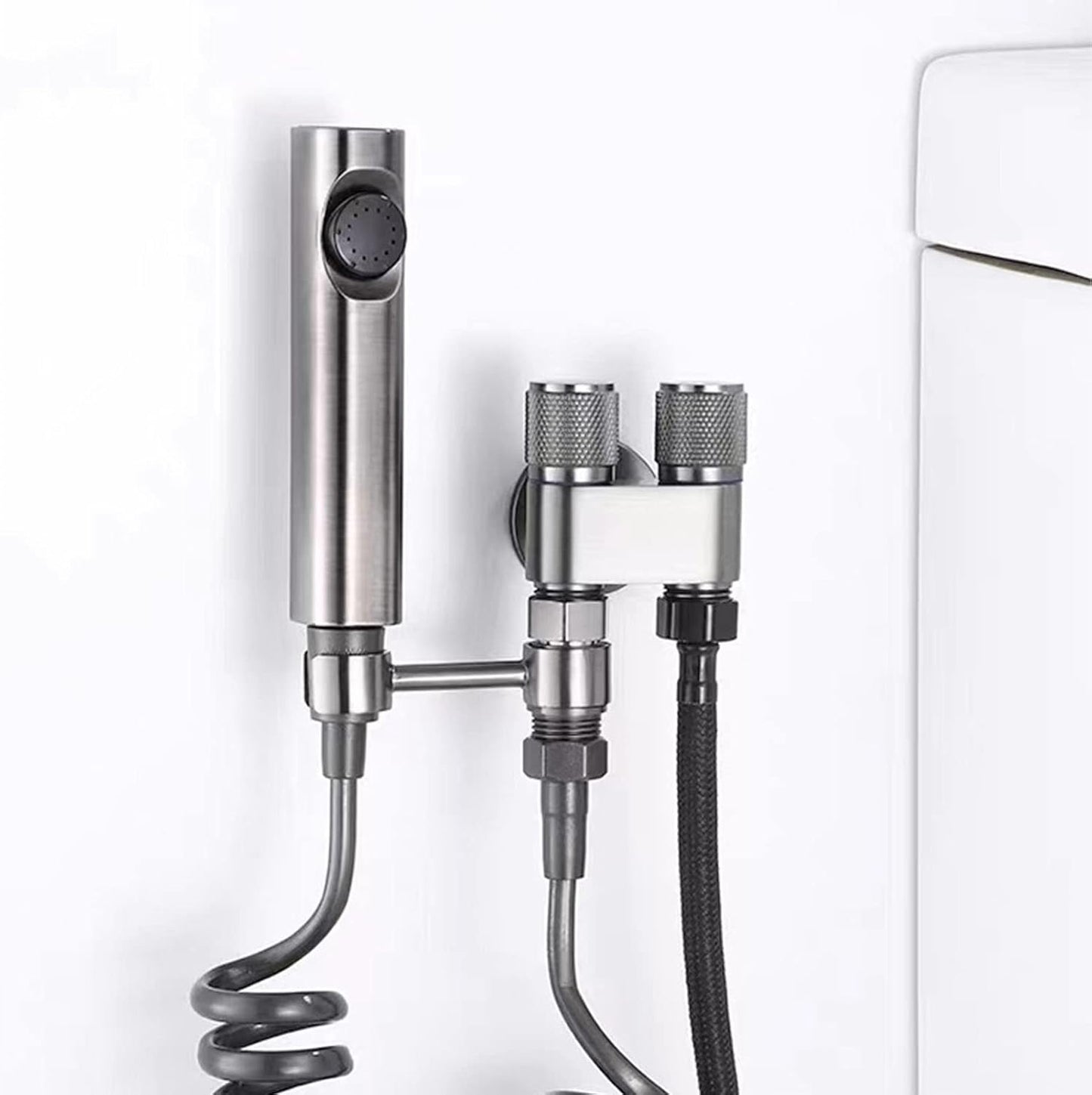 Handheld Bidet Sprayer for Toilet , Stainless Steel Sprayer Attachment for Feminine Wash and Double Switch Independent Control Bidet Attachment for Toilet , great for Feminine Wash , Cloth Diaper