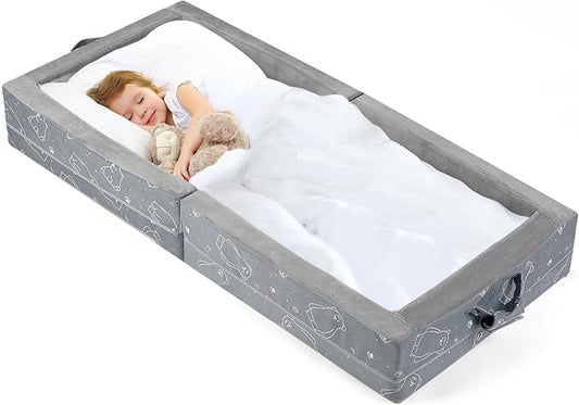 Umoving Portable Toddler Travel Bed – Foldable Soft Foam Floor Crib with Washable Cover, Built-in Safety Rails, No Assembly, Compact for Travel & Home Use, Grey