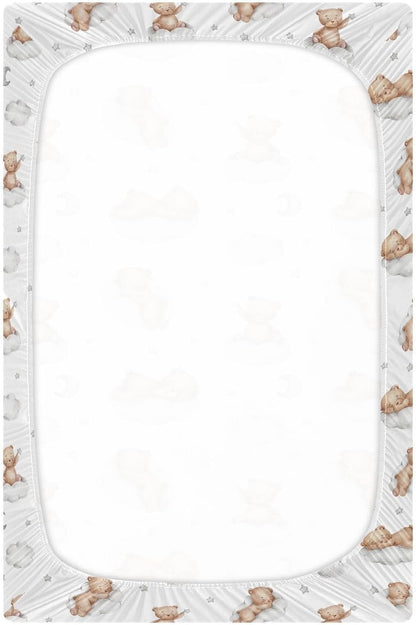 Fitted Crib Sheets White Bears with Clouds Stretchy Portable Playard Sheets for Baby Toddler, Breathable Soft Mini Crib Mattress 39 x 27 in for Boys and Girls