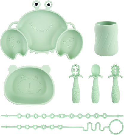 Silicone Baby Feeding Set, 8-Piece Baby Led Weaning Supplies Included Toddler Suction Plate, Bowl, Cup, 3 Spoons & 2 Safety Straps Keep Spoon, Fork & Bottle Off The Floor for Self-Feeding (Blue)