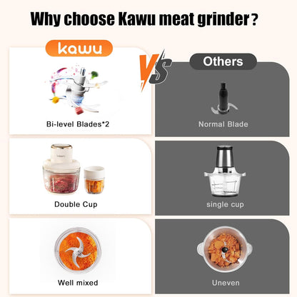 Kawu Electric Food Processor, Cordless Small Meat Grinder for Kitchen, Portable Vegetable Chopper with Glass Bowl, USB Rechargeable Meat Shredder, Mini Onion Chopper & Food Chopper Vegetable Cutter
