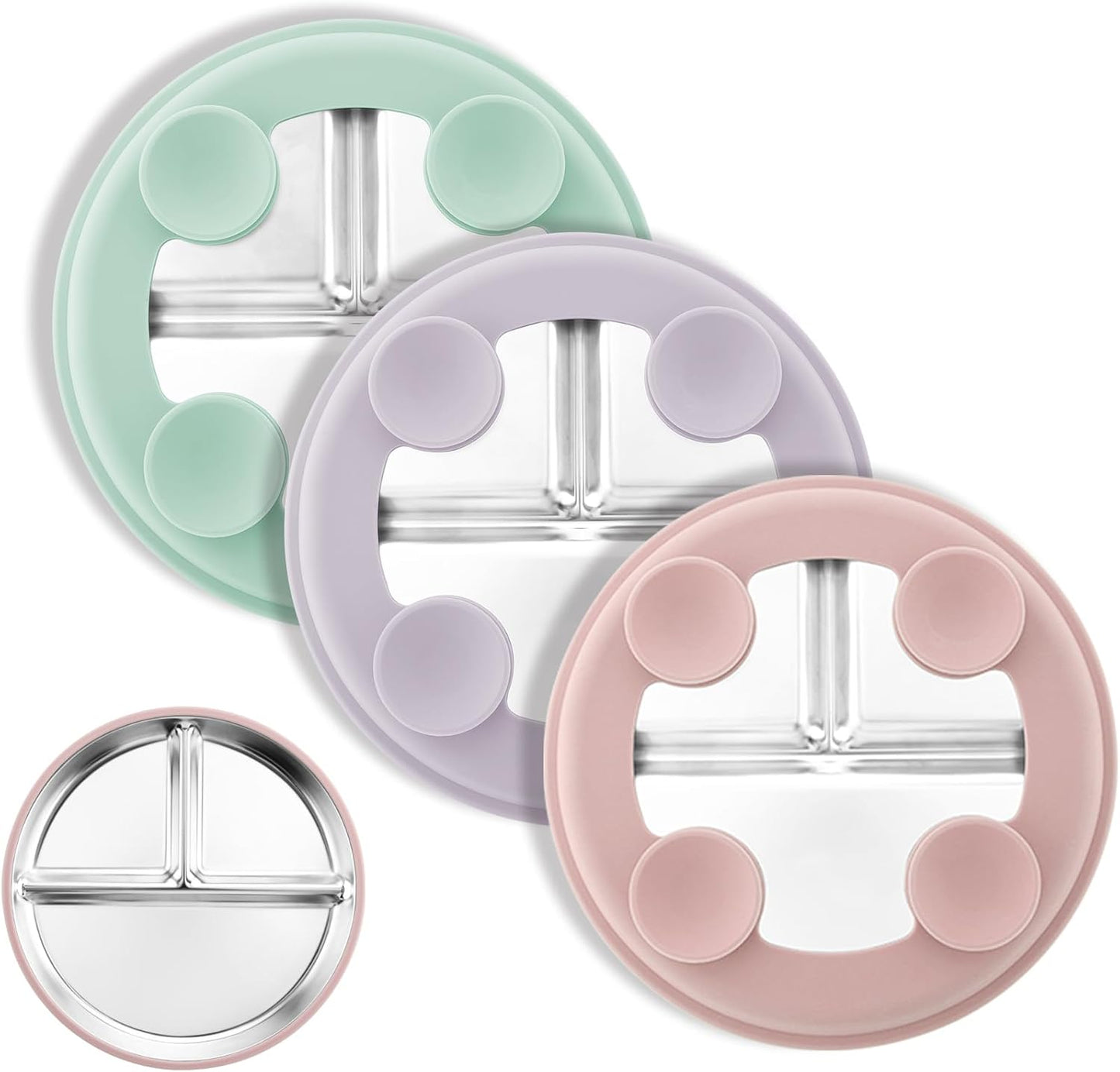 Bakpoco Stainless Steel Toddler Plate with Suction, 9” Divided Plates with Removable Silicone Sleeves for Kids, Non Toxic & BPA Free | Non Slip | Unbreakable Baby Snack Dishes Set of 2, Blue & Gray