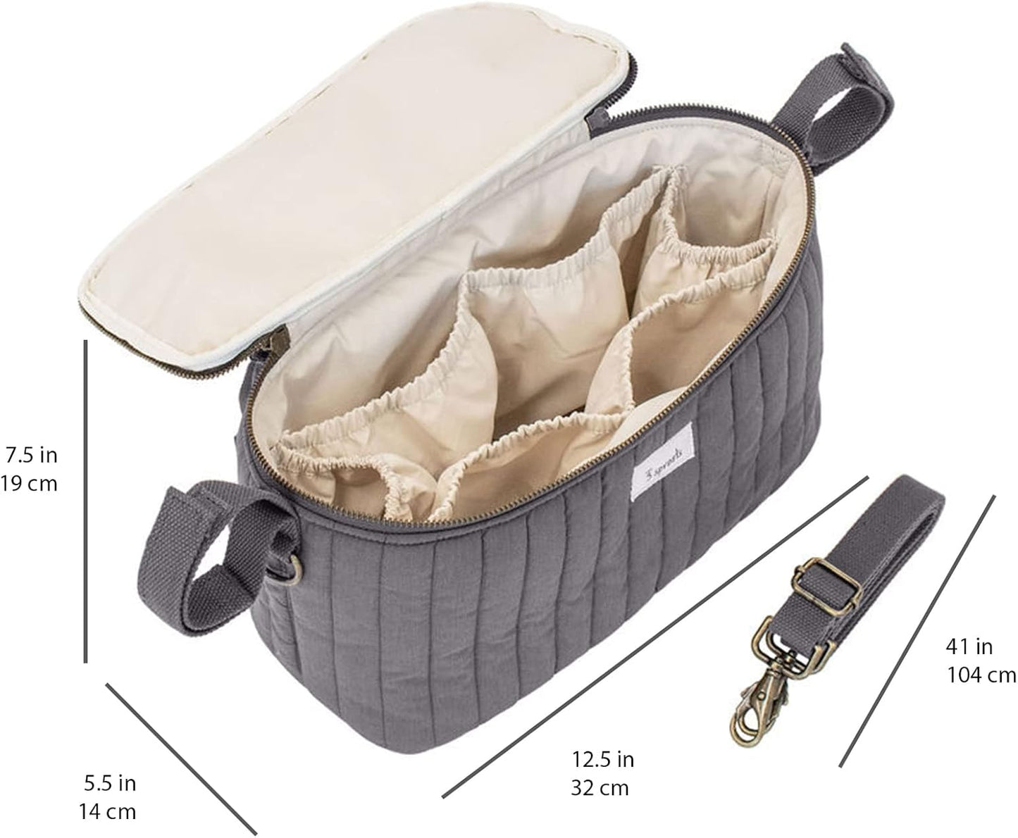3 Sprouts Universal Quilted Stroller Organizer with Cup Holder and Zip Top - Durable Caddy Accessory with Storage - Shoulder Strap Converts Organizer to Small Diaper Bag - Gray
